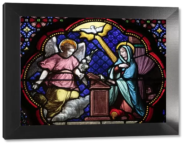 Annunciation of Mary stained glass in Sainte Clotilde church, Paris, France, Europe