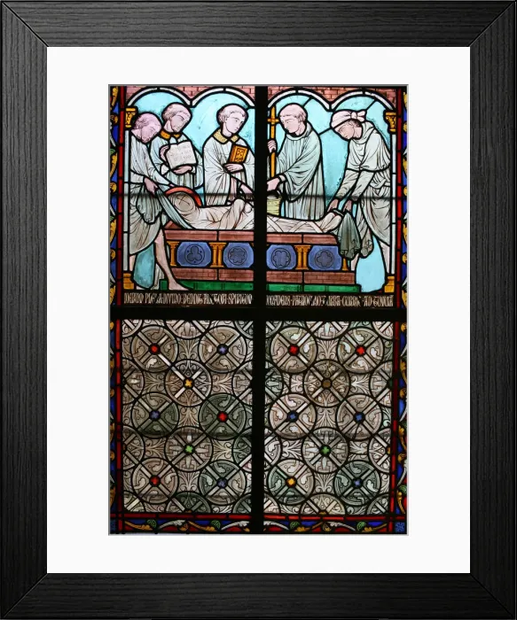 Framed Print : Stained glass depicting Sainte Genevieves life, cloister of Notre-Dame de Paris Framed Print : Stained glass depicting Sainte Genevieves life, cloister of Notre-Dame de Paris