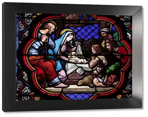 Nativity stained glass in Sainte Clotilde church, Paris, France, Europe