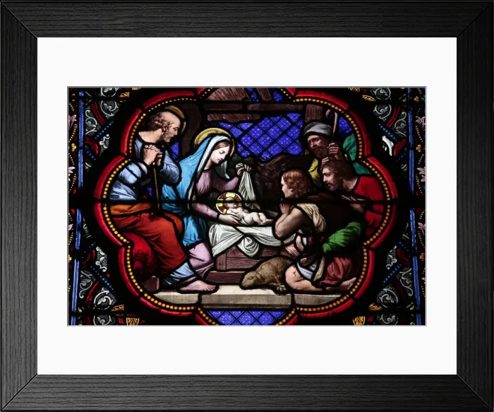 Framed Print : Nativity stained glass in Sainte Clotilde church, Paris, France, Europe Framed Print : Nativity stained glass in Sainte Clotilde church, Paris, France, Europe