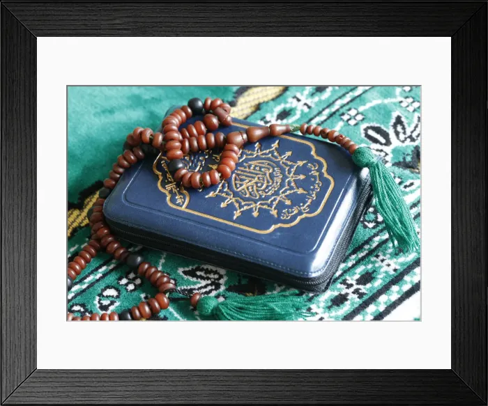 Framed Print : Quran and Islamic prayer beads on a prayer mat, Paris, France, Europe Framed Print : Quran and Islamic prayer beads on a prayer mat, Paris, France, Europe