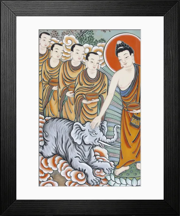 Framed Print : The Buddha taming an elephant, depicted in the Life of Buddha, Seoul, South Korea, Asia Framed Print : The Buddha taming an elephant, depicted in the Life of Buddha, Seoul, South Korea, Asia
