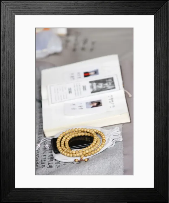 Framed Print : Religious book, prayer beads and mobile phone, Seoul, South Korea, Asia Framed Print : Religious book, prayer beads and mobile phone, Seoul, South Korea, Asia