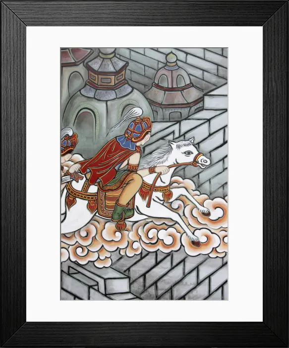 Framed Print : Prince Siddhartha escapes his palace, accompanied by Channa aboard his horse Kanthaka Framed Print : Prince Siddhartha escapes his palace, accompanied by Channa aboard his horse Kanthaka