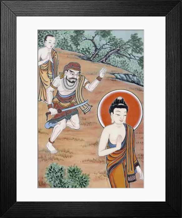 Framed Print : Depiction of the story of the Buddha distracting murderer Angulimala from killing his own Framed Print : Depiction of the story of the Buddha distracting murderer Angulimala from killing his own