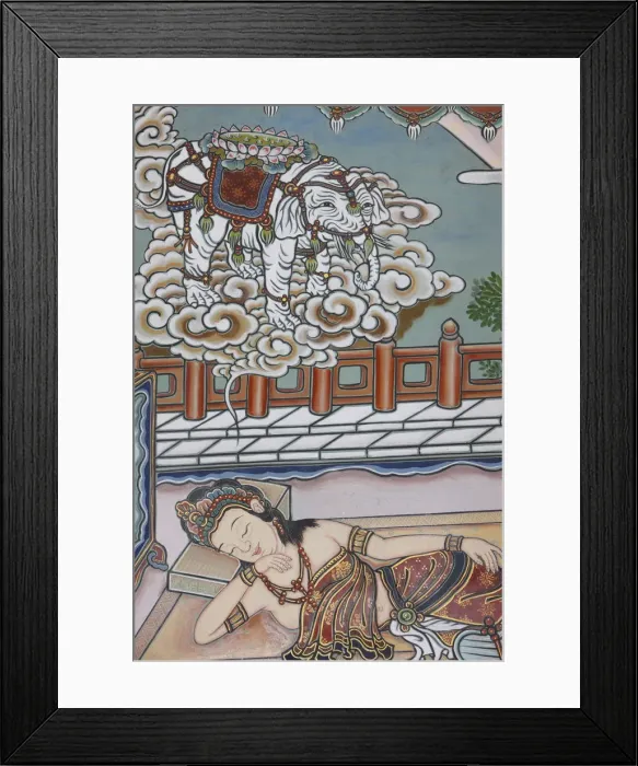 Framed Print : Siddartha Gautamas mother dreaming of a white elephant presenting her with a lotus Framed Print : Siddartha Gautamas mother dreaming of a white elephant presenting her with a lotus