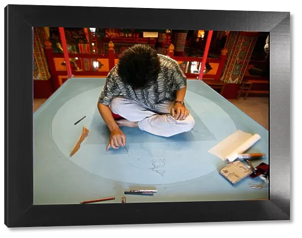 Drawing a mandala in the Temple of the Thousand Buddhas, Dashang Kagyu Ling congregation