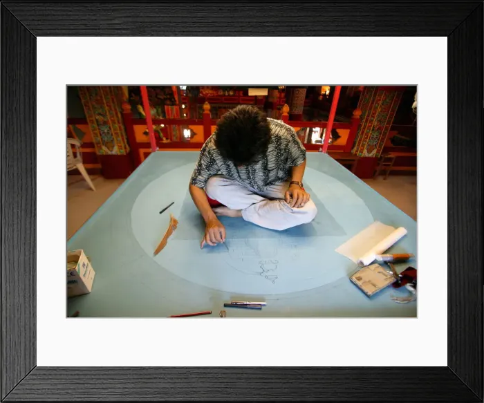Framed Print : Drawing a mandala in the Temple of the Thousand Buddhas, Dashang Kagyu Ling congregation Framed Print : Drawing a mandala in the Temple of the Thousand Buddhas, Dashang Kagyu Ling congregation
