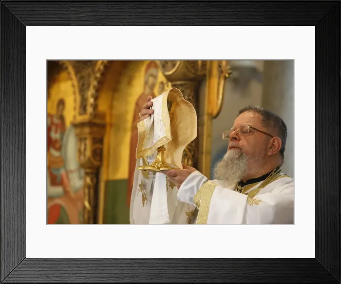 Framed Print : Sunday Mass in Haifa Melkite Cathedral celebrated by Bishop Elias Chacour, Haifa, Israel Framed Print : Sunday Mass in Haifa Melkite Cathedral celebrated by Bishop Elias Chacour, Haifa, Israel