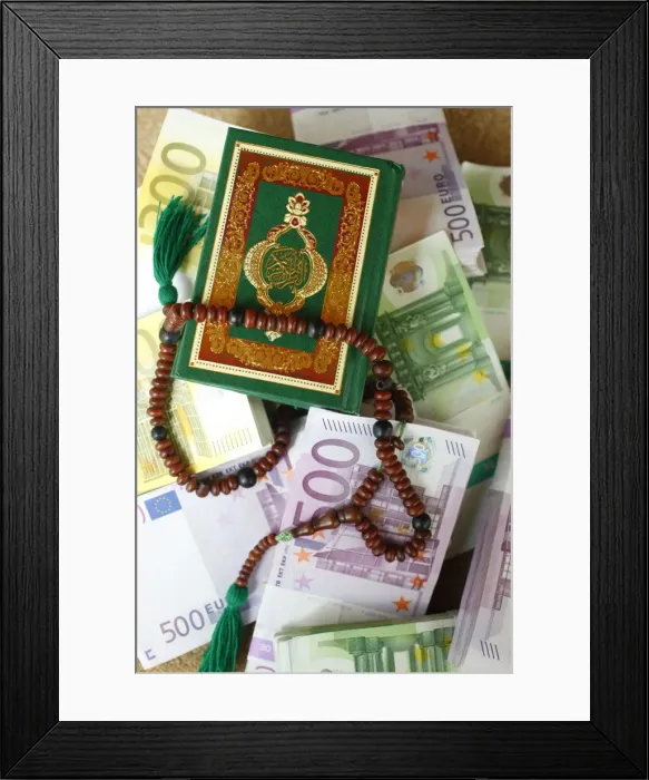 Framed Print : Muslim symbols and bank notes, France, Europe Framed Print : Muslim symbols and bank notes, France, Europe
