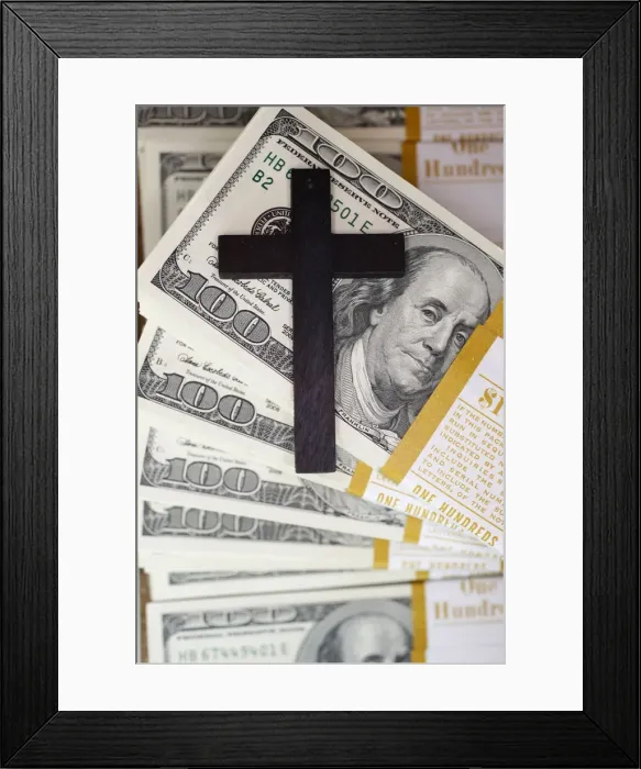 Framed Print : Cross and bank notes, France, Europe Framed Print : Cross and bank notes, France, Europe