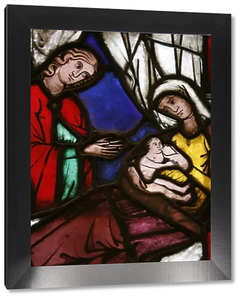 Stained glass of the birth of Isaac, son of Abraham and Sarah, Klosterneuburg, Austria