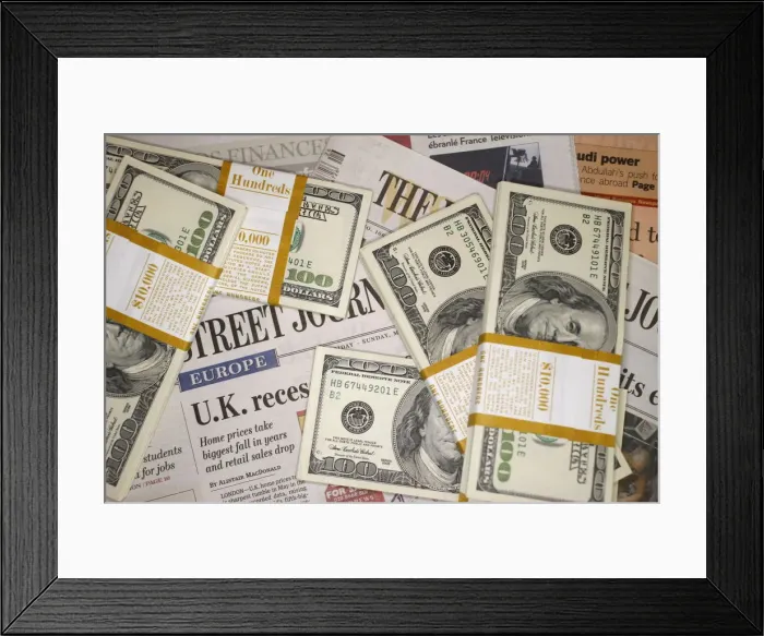 Framed Print : Economic newspapers and U. S. Dollars, France, Europe Framed Print : Economic newspapers and U. S. Dollars, France, Europe