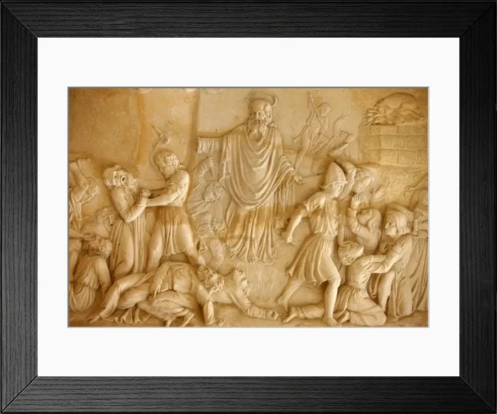 Framed Print : Sculpture depicting Elias fighting the priests of Baal at El Muhraqa, Israel, Middle East