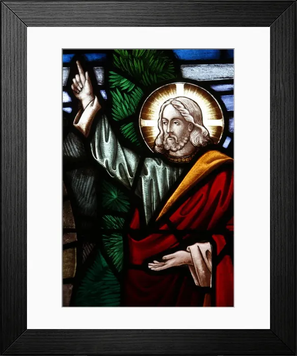 Framed Print : The resurrected Christ greeting the two Marys, 19th century stained glass in St Framed Print : The resurrected Christ greeting the two Marys, 19th century stained glass in St