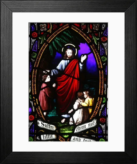 Framed Print : Jesus blessing the children, 19th century stained glass in St Framed Print : Jesus blessing the children, 19th century stained glass in St