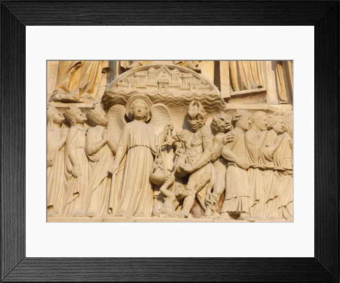 Framed Print : Last Judgment gate tympanum showing the angel St. Michael weighing souls, west front Framed Print : Last Judgment gate tympanum showing the angel St. Michael weighing souls, west front