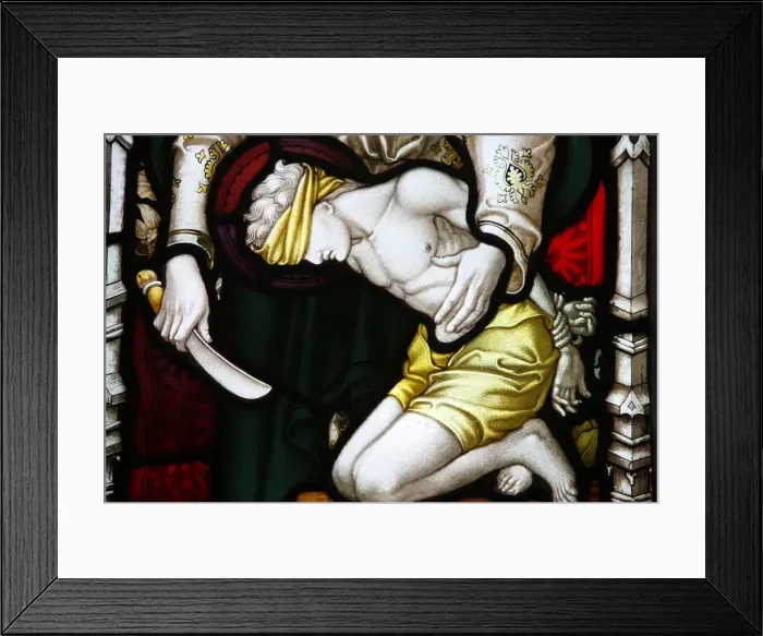 Framed Print : An angel appearing to Abraham and his son, 19th century stained glass in St