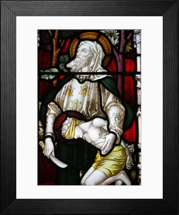 Framed Print : An angel appearing to Abraham and his son, 19th century stained glass in St