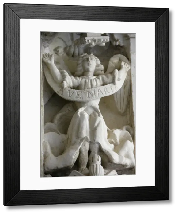 Framed Print : Sculpture in cloister, Fontevraud Abbey, Fontevraud, Maine-et-Loire, France, Europe