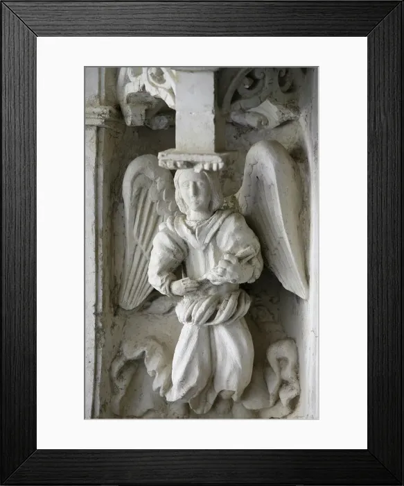 Framed Print : Sculpture in cloister, Fontevraud Abbey, Fontevraud, Maine-et-Loire, France, Europe