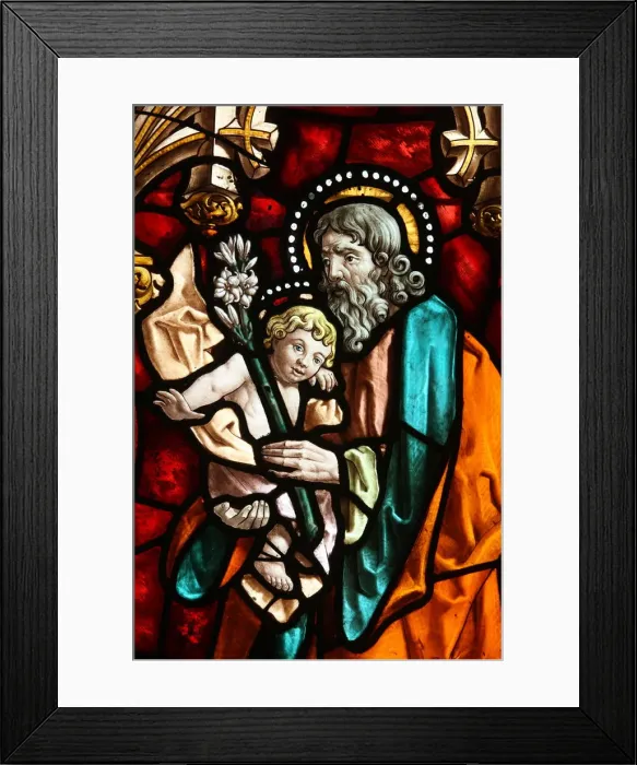 Framed Print : Joseph and Jesus, stained glass, San Jeronimos church, Madrid, Spain, Europe Framed Print : Joseph and Jesus, stained glass, San Jeronimos church, Madrid, Spain, Europe