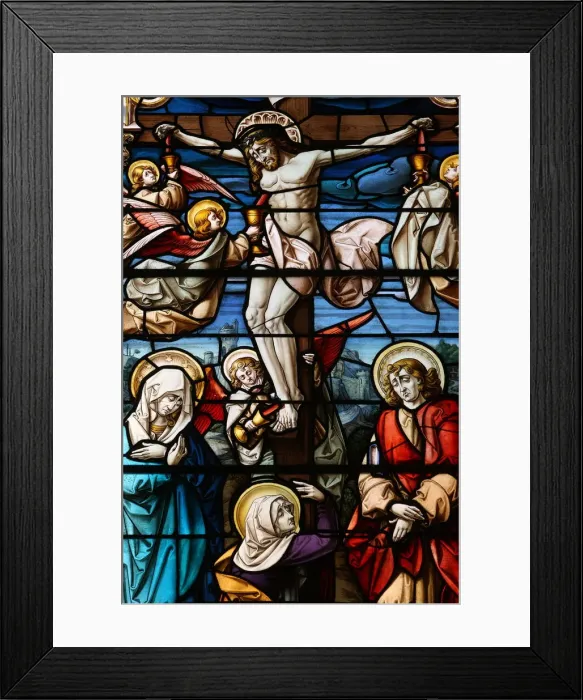 Framed Print : Stained glass of the Crucifixion, San Jeronimos church, Madrid, Spain, Europe Framed Print : Stained glass of the Crucifixion, San Jeronimos church, Madrid, Spain, Europe