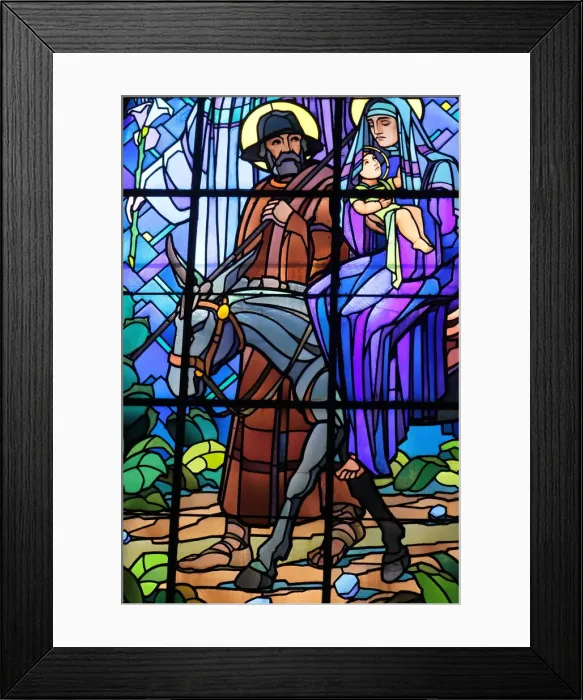 Framed Print : Stained glass by Raphael Lardeur of the Flight into Egypt, St Framed Print : Stained glass by Raphael Lardeur of the Flight into Egypt, St