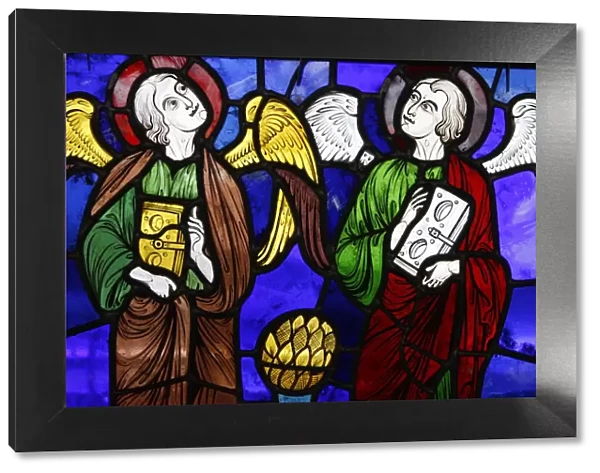 Two angels in stained glass at The International Stained Glass Centre, Chartres