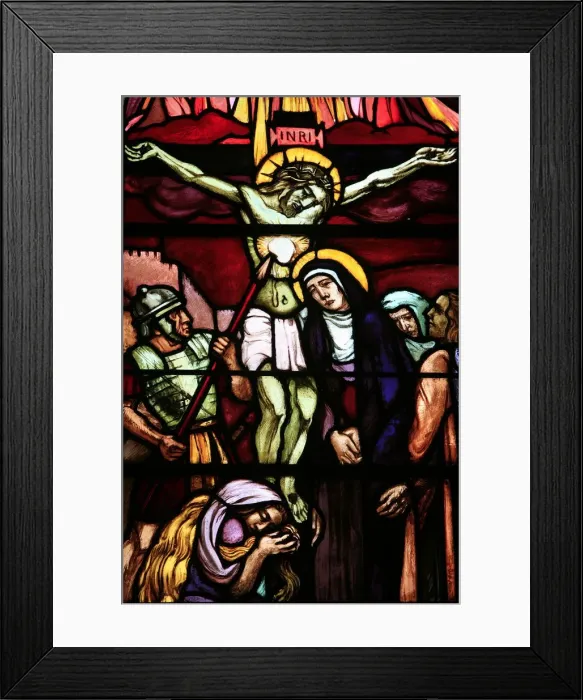 Framed Print : Stained glass of Christ on the cross, in Saint-Pierre de Solesmes Abbey, Solesmes, Sarthe Framed Print : Stained glass of Christ on the cross, in Saint-Pierre de Solesmes Abbey, Solesmes, Sarthe