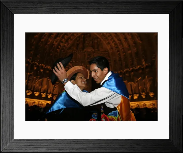 Framed Print : Peruvian dancing outside Notre Dame de Paris cathedral, Paris, France, Europe