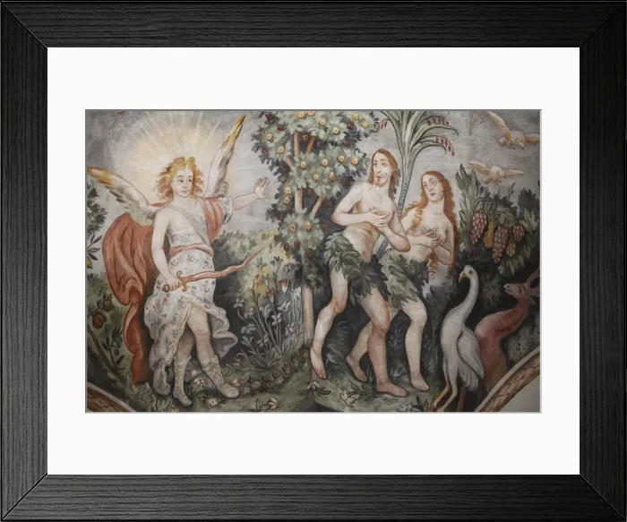 Framed Print : Fresco of the Expulsion of Adam and Eve from the Garden of Eden in Maglie church, Lecce Framed Print : Fresco of the Expulsion of Adam and Eve from the Garden of Eden in Maglie church, Lecce