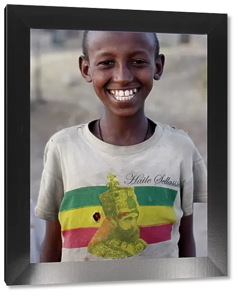 Lalibela boy wearing a Haile Selassie t-shirt, Lalibela, Wollo, Ethiopia, Africa
