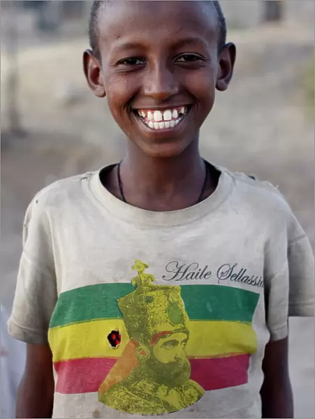 Lalibela boy wearing a Haile Selassie t-shirt, Lalibela, Wollo, Ethiopia, Africa