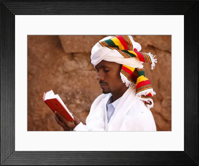 Framed Print : Faithful reading outside a church in Lalibela, Ethiopia, Africa Framed Print : Faithful reading outside a church in Lalibela, Ethiopia, Africa