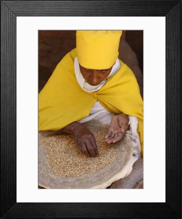 Framed Print : Nun sorting wheat in Bet Maryam church courtyard, Lalibela, Wollo, Ethiopia, Africa Framed Print : Nun sorting wheat in Bet Maryam church courtyard, Lalibela, Wollo, Ethiopia, Africa