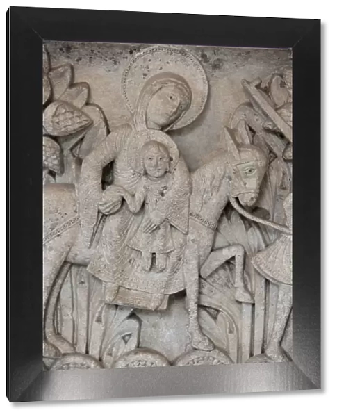 Romanesque bas-relief of the Flight into Egypt, capital of Saint-Lazare Cathedral, Autun