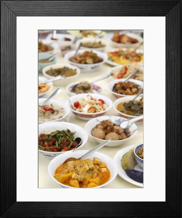 Framed Print : Thai food offered during a festival at Buddhapadipa temple, Wimbledon, London, England Framed Print : Thai food offered during a festival at Buddhapadipa temple, Wimbledon, London, England