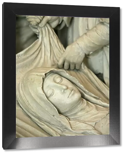 Detail of sculpture of Marys entombment, Saint-Pierre de Solesmes Abbey church