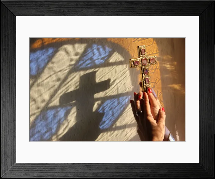 Framed Print : Woman holding a cross, Servoz, Haute-Savoie, France, Europe Framed Print : Woman holding a cross, Servoz, Haute-Savoie, France, Europe