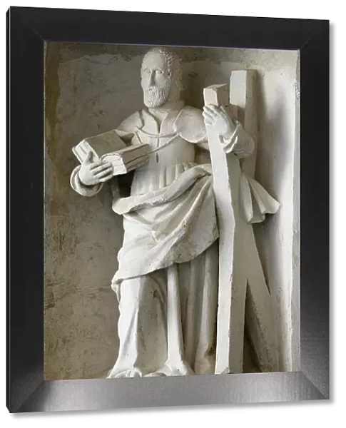 Sculpture of St. Andrew in cloister, Fontevraud Abbey, Fontevraud, Maine-et-Loire, France
