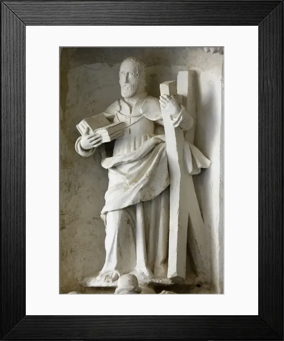 Framed Print : Sculpture of St. Andrew in cloister, Fontevraud Abbey, Fontevraud, Maine-et-Loire, France