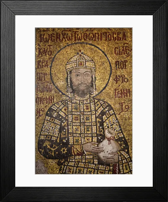 Framed Print : Mosaic of Emperor Ioannes I Comnenos holding a purse, symbolizing donation he made to Framed Print : Mosaic of Emperor Ioannes I Comnenos holding a purse, symbolizing donation he made to