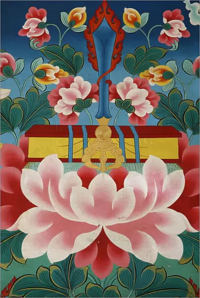 Painting of lotus flower, sword of knowledge and sacred text, Kopan monastery, Kathmandu
