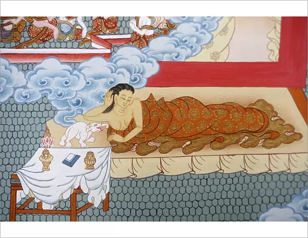 Thangka painting of Buddhas mother dreaming of a white elephant, Bhaktapur, Nepal