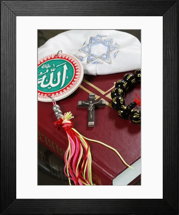 Framed Print : Christianity, Buddhism, Islam and Judaism, interfaith symbols of Bible, crucifix, Kippah Framed Print : Christianity, Buddhism, Islam and Judaism, interfaith symbols of Bible, crucifix, Kippah