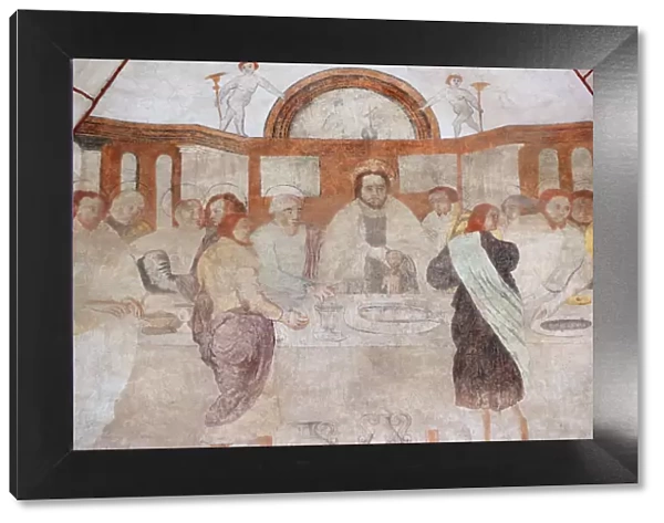 A 16th century wall painting of Christ in his Passion, the Last Supper shared by Jesus