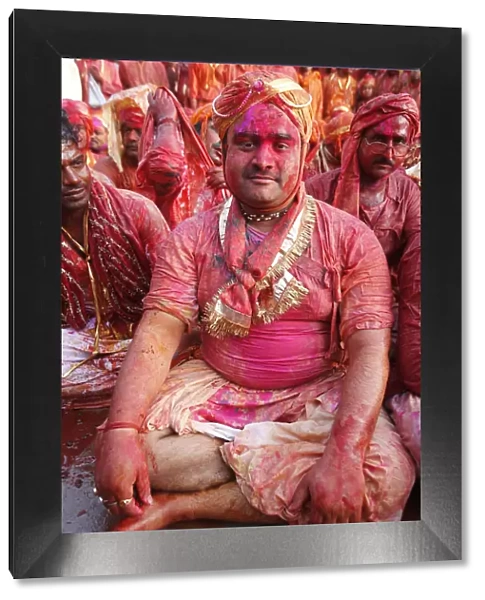 Barsana villagers celebrating Holi in Nandgaon, Uttar Pradesh, India, Asia