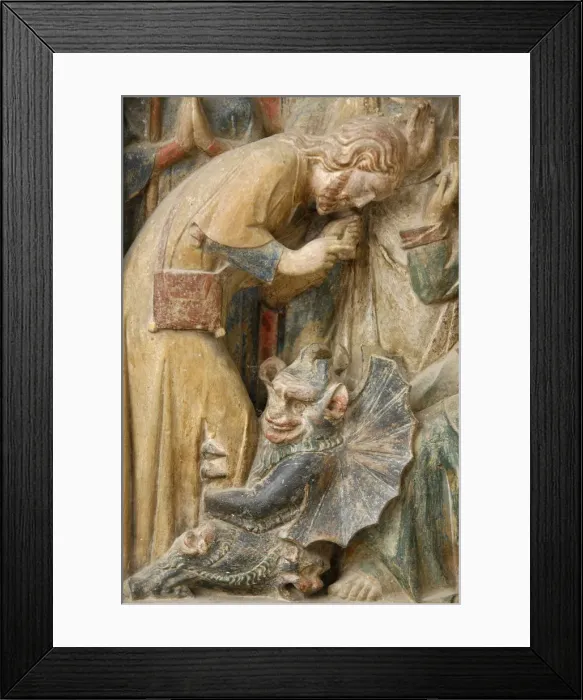 Framed Print : Detail of temptation by the devil, on a 14th century retable depicting St Framed Print : Detail of temptation by the devil, on a 14th century retable depicting St