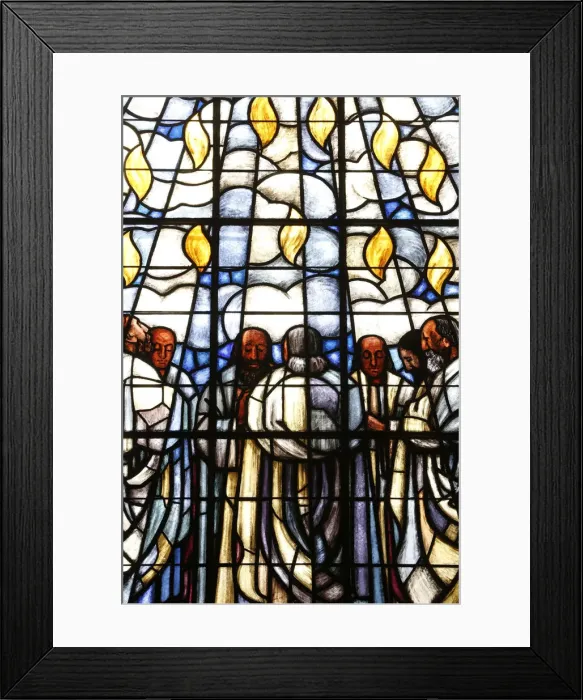 Framed Print : Stained glass of Whit Sunday, in La Madeleine Protestant church, Geneva, Switzerland Framed Print : Stained glass of Whit Sunday, in La Madeleine Protestant church, Geneva, Switzerland